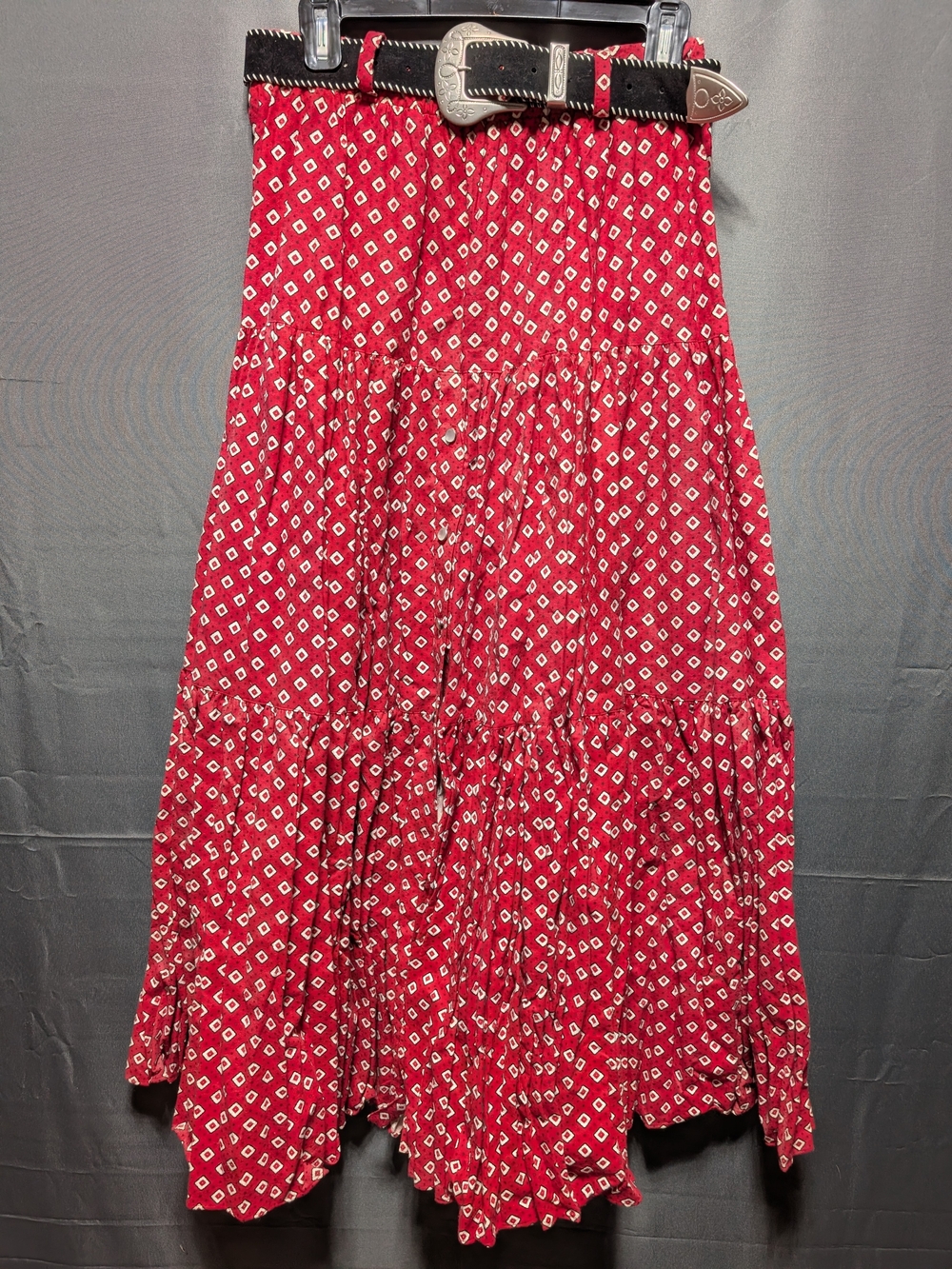 Vintage 90s Deadstock NWT Red Tiered Maxi Skirt with White Diamond Motif